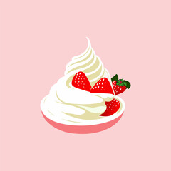 Strawberry with whipped cream isolated. Vector illustration of a delicious sweet dessert with red strawberry in the cartoon. Food icon.