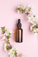 Glass bottle with oil, serum on pink background with blooming cherry. Herbal homeopathic products....
