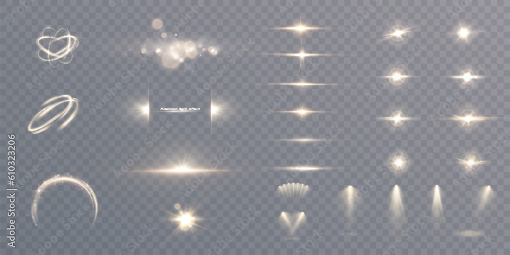 Poster Set of light effects golden glowing light isolated on transparent background. Solar flare with rays and glare. Glow effect. Starburst with shimmering sparkles.	