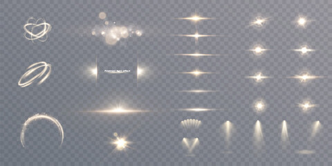 Set of light effects golden glowing light isolated on transparent background. Solar flare with rays and glare. Glow effect. Starburst with shimmering sparkles.	 - obrazy, fototapety, plakaty