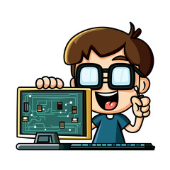 computer geek cartoon vector illustration, happy computer engineer or hardware technician assembling or fixing a computer with a screwdriver vector image, colored and black and white - obrazy, fototapety, plakaty