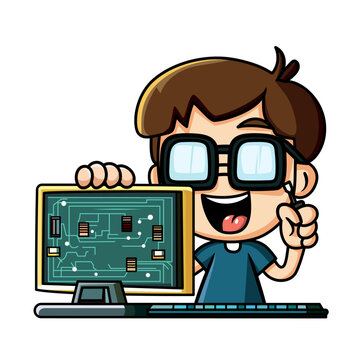 computer geek cartoon vector illustration, happy computer engineer or hardware technician assembling or fixing a computer with a screwdriver vector image, colored and black and white