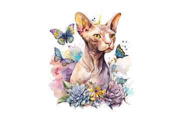 Canadian Sphynx cat with butterflies and flowers painted with colored watercolors isolated on a white background. AI generated