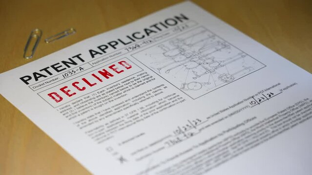 A patent application document form gets denied. Data on form is fictional.  	