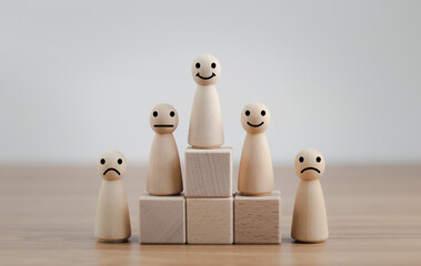 Customer or User give rating to service experiences review satisfaction feedback survey on online application, Select happy face wooden figure.