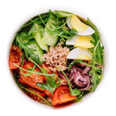 tuna fish salad with eggs, cucumber, tomatoes and arugula