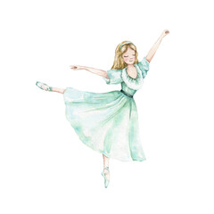 Naklejka premium Golden-haired ballerina in green dress and pointe shoes. Classic cartoon character. The nutcracker, fairy tale. Hand drawn watercolor illustration. For invitation, card, decoration design