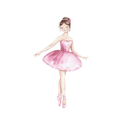 Ballerina in pink dress and pointe shoes. Classic cartoon character. The nutcracker, fairy tale. Hand drawn watercolor illustration.  For invitation, card, decoration design. © Victoria Pak