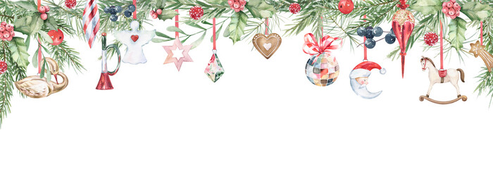 Festive winter garland with fir branches, vintage Christmas tree toys, berries, gingerbread. Hand painted watercolor illustration isolated on white background