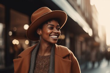 Happy luxury African woman travel shopping in urban city, vibrant, fashion, contemporary, lifestyle, generative AI