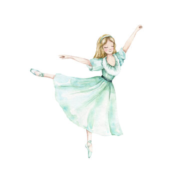 Golden-haired ballerina in green dress and pointe shoes. Classic cartoon character. The nutcracker, fairy tale. Hand drawn watercolor illustration.  For invitation, card, decoration design