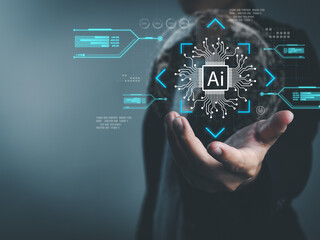 AI, businessman showing artificial intelligence technology AI system development. Exchange data. global internet connection with innovative technology of the future