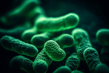 Macro close up shot of green bacteria and virus cells in a scientific laboratory. Pseudomonas aeruginosa bacteria rod-shaped bacteria. Pathogenic microflora, probiotics. Generative AI Technology