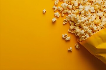 Bag of popcorn on yellow background with copyspace - obrazy, fototapety, plakaty