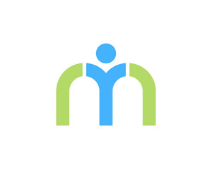 M Letter with healthy abstract people in the middle