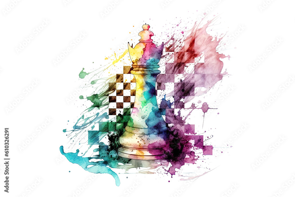 Poster chess piece drawn with watercolors isolated on white background. ai generation