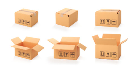 3D cardboard open and closed boxes isolated on white background. Delivery cargo box. Cartoon style cardboard box or delivery package. Vector 3d realistic