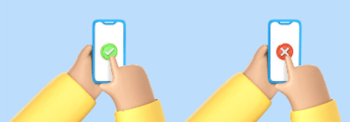 3D cartoon hands use smartphone with checkmarks. Approve and reject on smartphone. Tick and cross check marks. Icons check mark and cross on the smartphone screen. Vector 3d illustration
