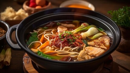 Udon noodles in a rich, steaming broth accompanied by colorful vegetables and soy sauce