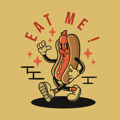 Hot dog vintage mascot cartoon character illustration