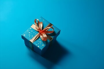blue gift box with gold ribbon on blue background with copy space