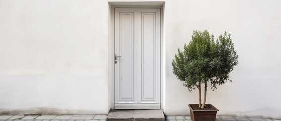 Obraz na płótnie Canvas Mockup with white facade of a modern house with front door, potted flowers.entrance home exterior. patio, backyard in a modern house. doorway. Minimalism. Generative ai