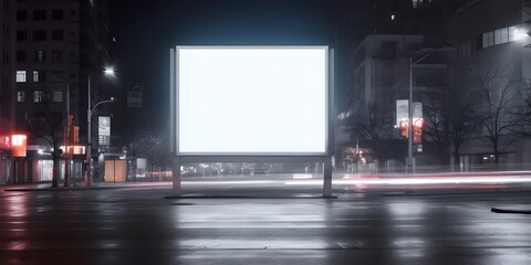 Blank white advertising display billboard in a city street at night with light streaks. Promotional poster mock up