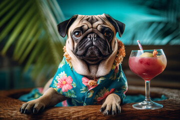 Chilled pug dog in sunglasses sunbathing at seaside resort and wear a Hawaiian shirt lounging on deck chair with fruity cocktail. Vacation rest in hot country beach concept. Generative AI Technology - obrazy, fototapety, plakaty