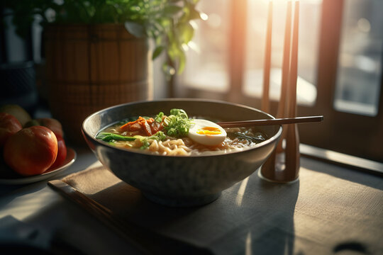 Image of ramen nudle bowl served on a table as in the bright dinning room.