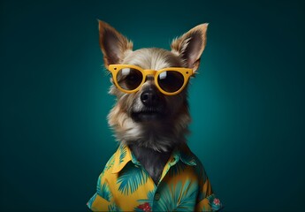 Funny dog in sunglasses and summer shirt isolated on dark green background