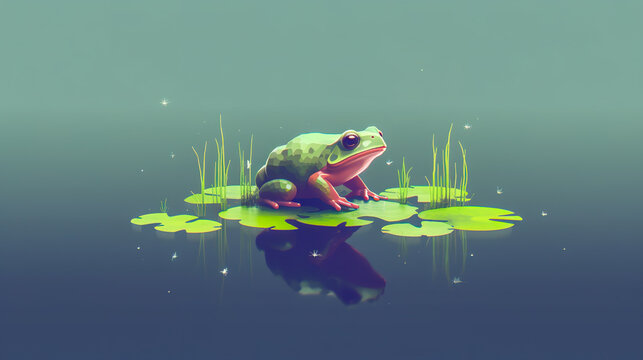 Frog on the lotus leaf in the pond. Minimal digital vector art image. Digital illustration generative AI.