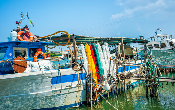 Fishing floats and nets colored yellow and red called pots ideal for lake fishing of Lesina and Varano, Apulia. Italy