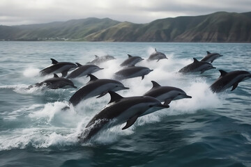 Family photo of dolphins swimming and jumping on the waves. Clear blue ocean water. Holiday and leisure activities for travellers, nature attractions of south countries. Generative AI Technology
