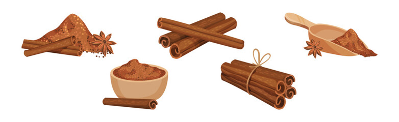 Cinnamon Spice Sticks with Powder and Star Anise Vector Set