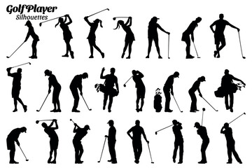 Golf player silhouettes vector illustration set.