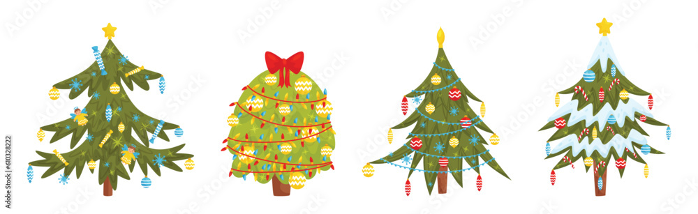 Poster fir tree decorated with baubles as merry christmas holiday object and element vector set