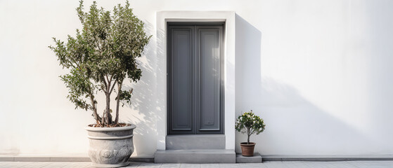 Fototapeta na wymiar Mockup with white facade of a modern house with front door, potted flowers.entrance home exterior. patio, backyard in a modern house. doorway. Minimalism. Generative ai