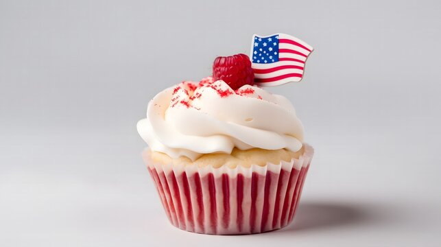 Cupcake With American Flag On Top Isolated On White Background At 4th July. Independence Day, Celebration, Patriotism And Holidays Concept