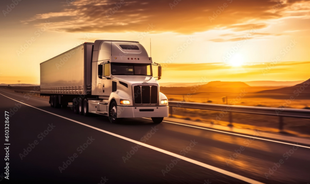 Wall mural White truck traveling at the sunset.