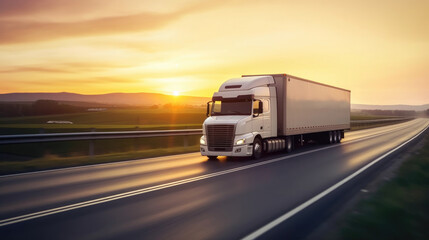 Obraz na płótnie Canvas White truck traveling at the sunset.