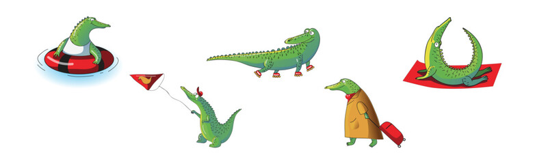 Cute Crocodile Character Engaged in Different Activity Vector Set