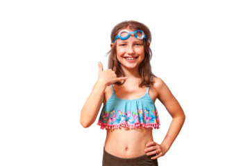 a girl in goggles for swimming and a blue swimsuit shows call me with her fingers and rejoices with laughter near the pool of river sea water on a white background isolate
