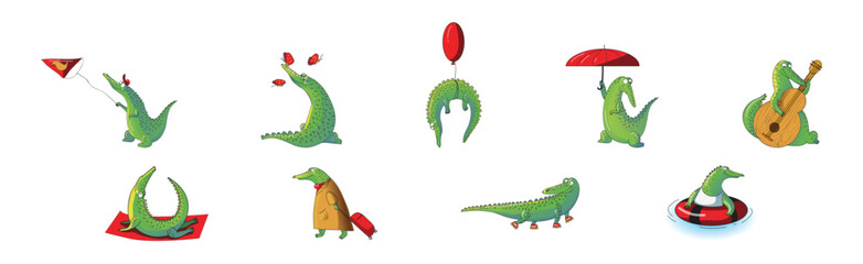 Cute Crocodile Character Engaged in Different Activity Vector Set