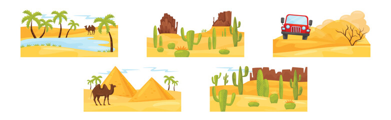Desert Landscapes with Sand, Oasis, Cactus and Palms Vector Set