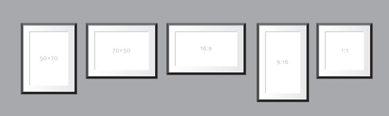 Set of picture or painting frames in 50 x 70, 16:9 and 1:1 proportions. Black frames, hite passepartout. Editable vector.