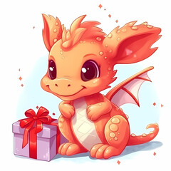 Cute red winged dragon with a gift on a white background. Celebration of birthday, new year. Postcard illustration. AI generation.