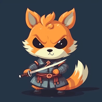 Cute red fox samurai with a Japanese katana sword on a blue background. Generative AI