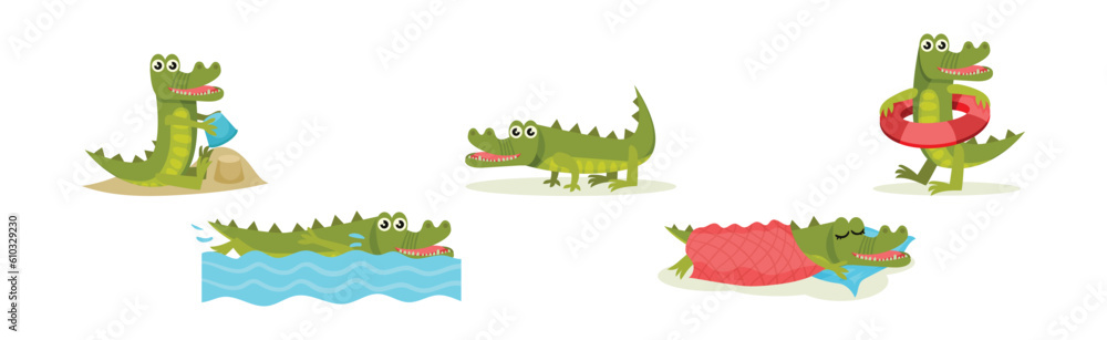 Poster cute crocodile character engaged in different activity vector set