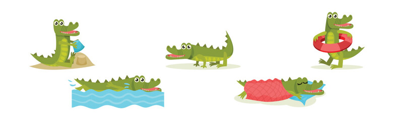 Cute Crocodile Character Engaged in Different Activity Vector Set