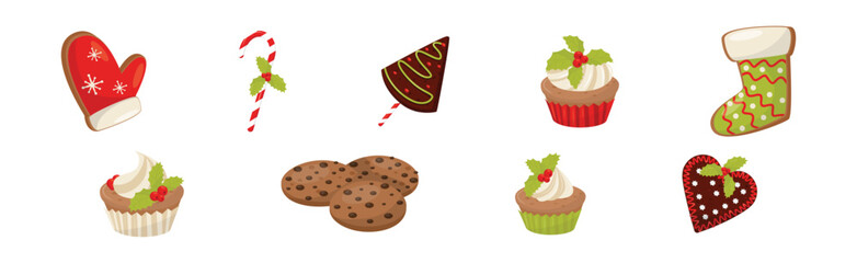Sweet Christmas Treat with Cookie, Gingerbread and Cupcake Vector Set